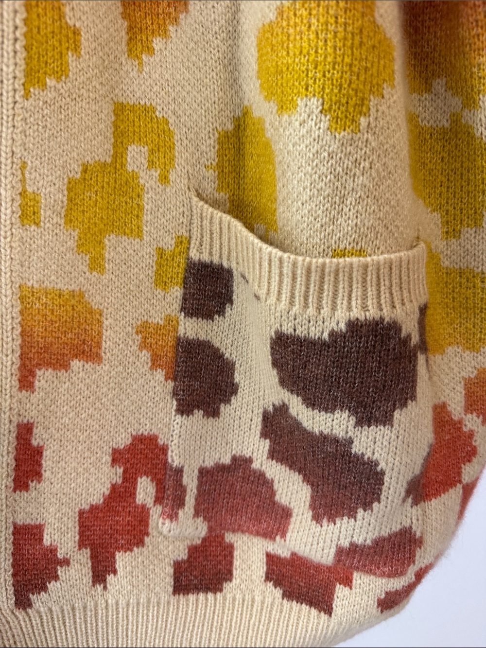 Open Front Cream Cardigan Yellow Orange Brown Spots Soft Knit Layering Piece - Picture 4 of 9
